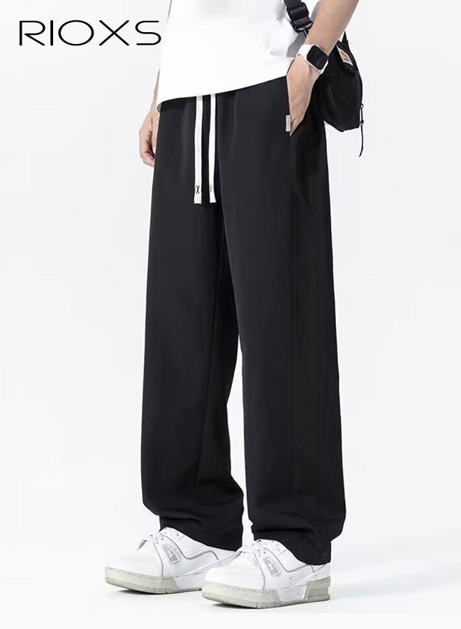 RIOXS Men's Ice-Silk Straight-Leg Pants, Lightweight and Cool Summer Casual Pants with Drawstring, Elastic Waistband, Breathable Mesh Panels, Relaxed Fit, Soft and Stylish Athletic Pants, Versatile for Everyday Casual Wear, Black - Image 1